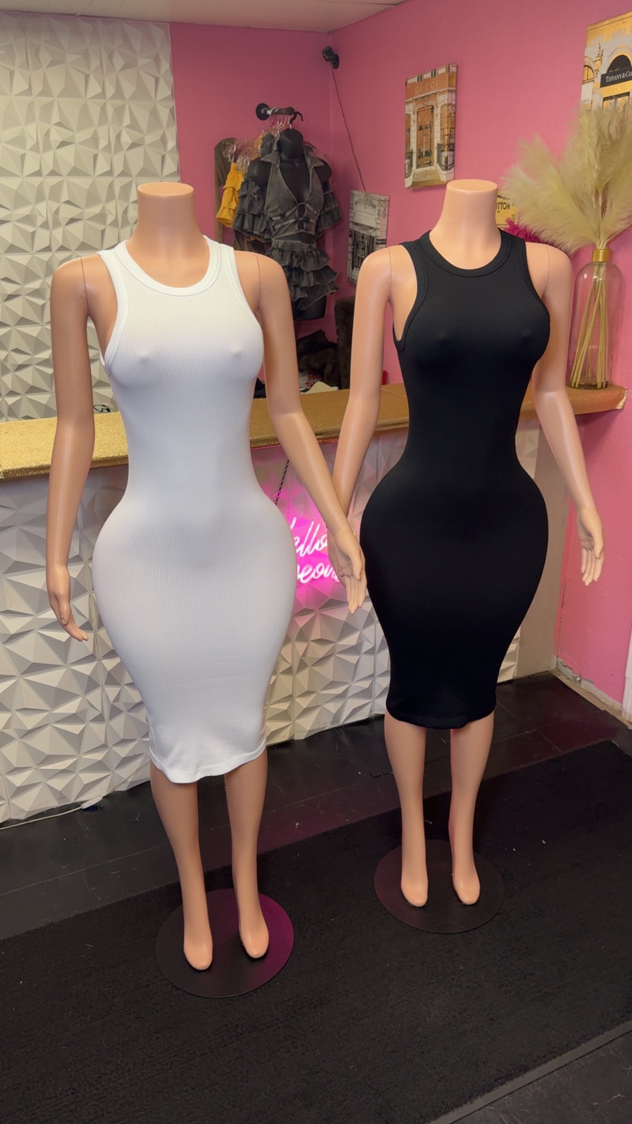 Snatched Ribbed Midi Dress ( White/ Black )