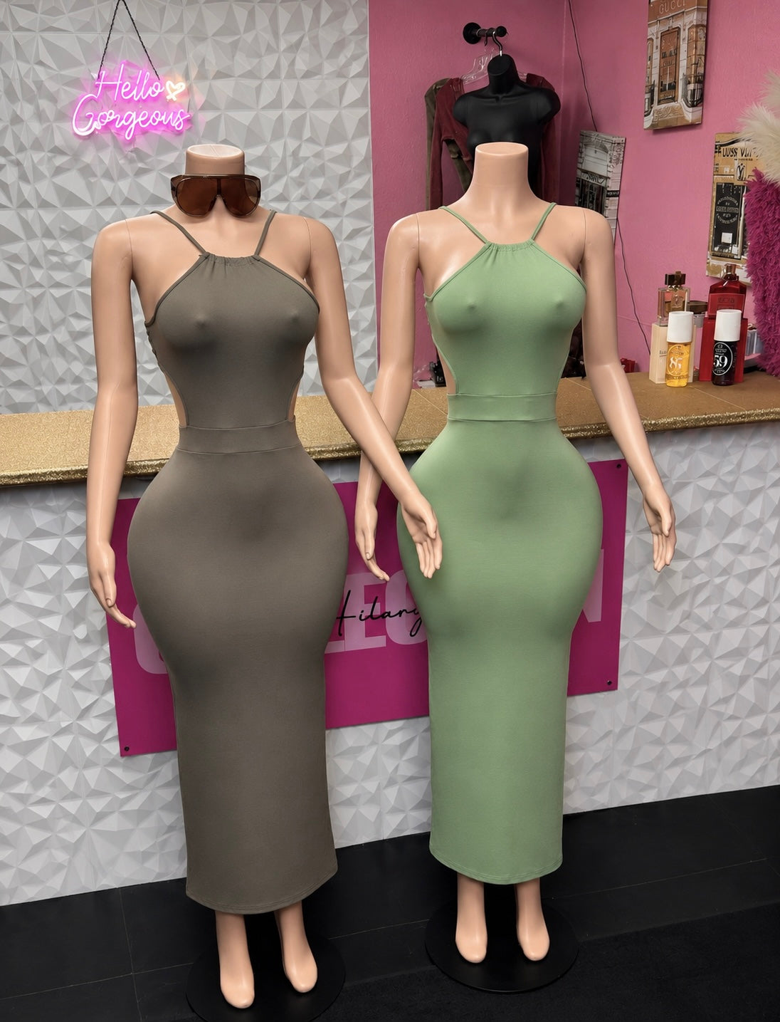 Women’s Basic Maxi Dress ( Green/Brown)