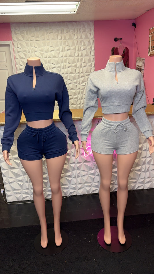Two Piece Matching Quarter Zip Set With Shorts In Navy and Grey
