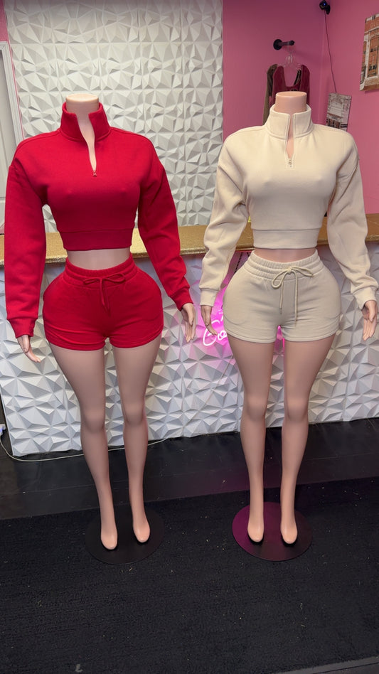 Matching Two Piece Quarter Zip Set With Shorts In Red and Tan